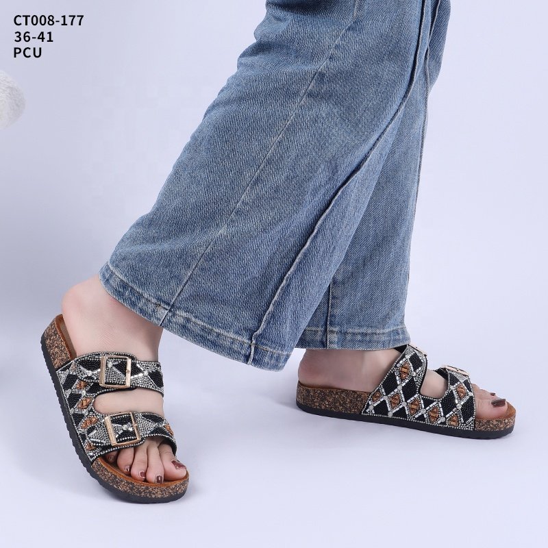Customized Logo PVC Shoes Women Rhinestone Sandals Popular Double Buckle Sandals Soft Cork Slippers For Mujer