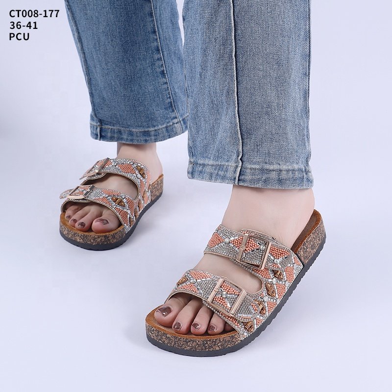 Customized Logo PVC Shoes Women Rhinestone Sandals Popular Double Buckle Sandals Soft Cork Slippers For Mujer