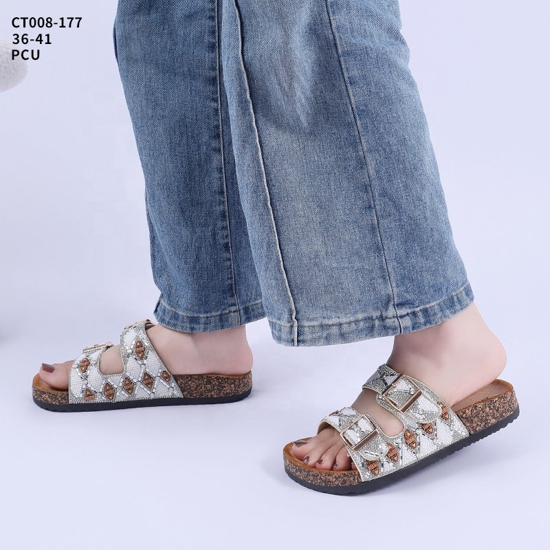 Customized Logo PVC Shoes Women Rhinestone Sandals Popular Double Buckle Sandals Soft Cork Slippers For Mujer