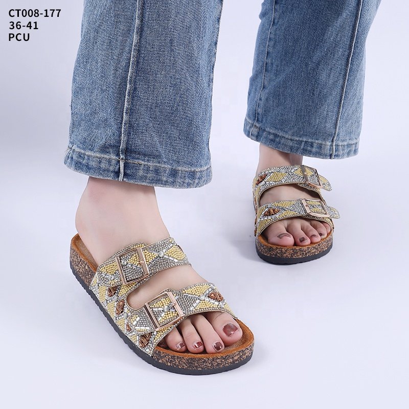 Customized Logo PVC Shoes Women Rhinestone Sandals Popular Double Buckle Sandals Soft Cork Slippers For Mujer