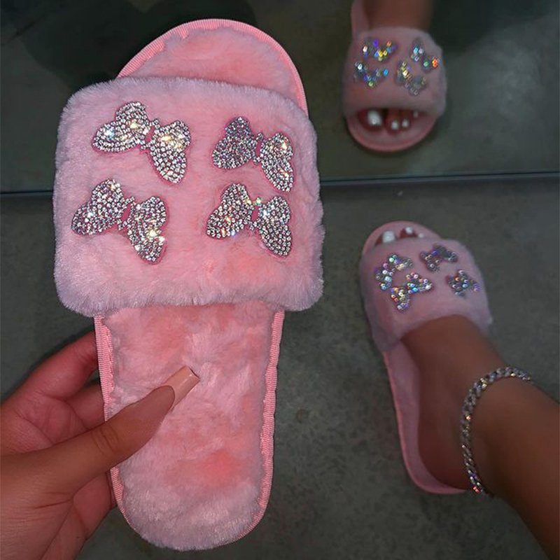 Women's Casual Indoor Fluffy Luxury Fur Slippers round Soft Upper Leather Sandals with Warmth Colorful Furry Slides Wholesale
