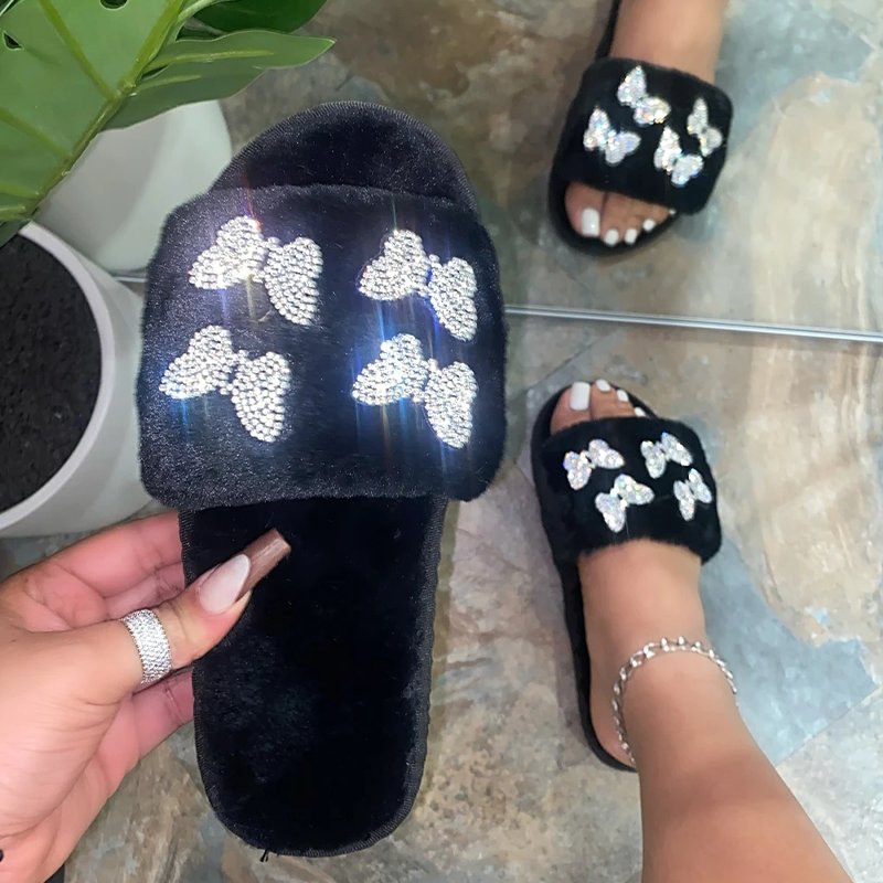 Women's Casual Indoor Fluffy Luxury Fur Slippers round Soft Upper Leather Sandals with Warmth Colorful Furry Slides Wholesale