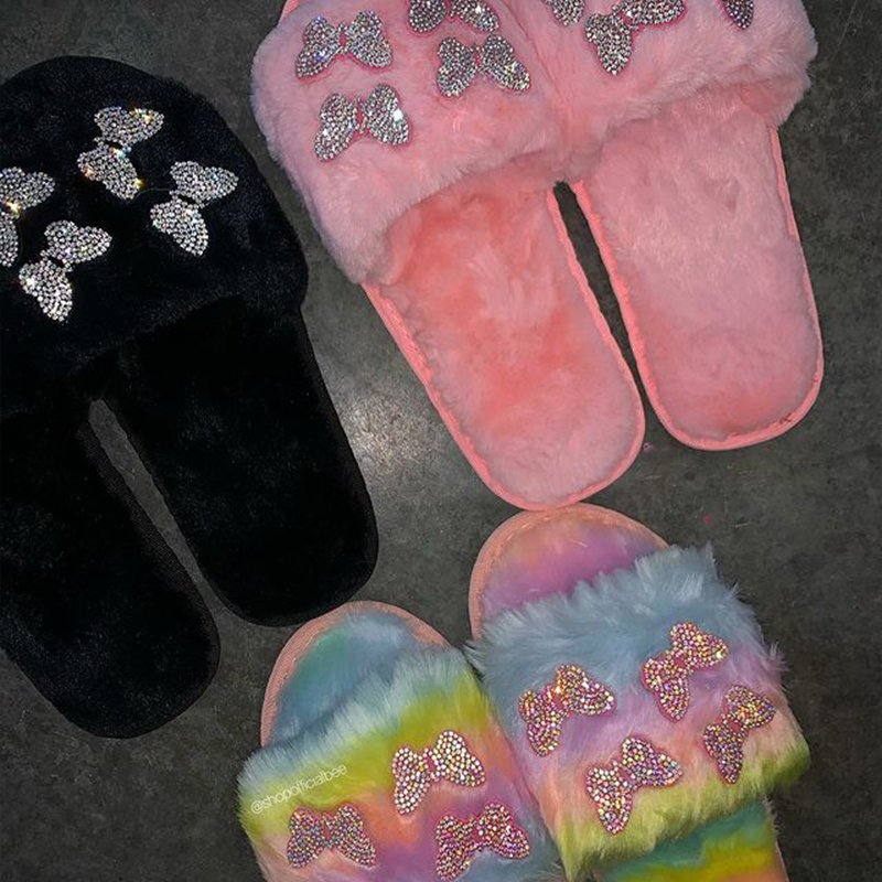 Women's Casual Indoor Fluffy Luxury Fur Slippers round Soft Upper Leather Sandals with Warmth Colorful Furry Slides Wholesale