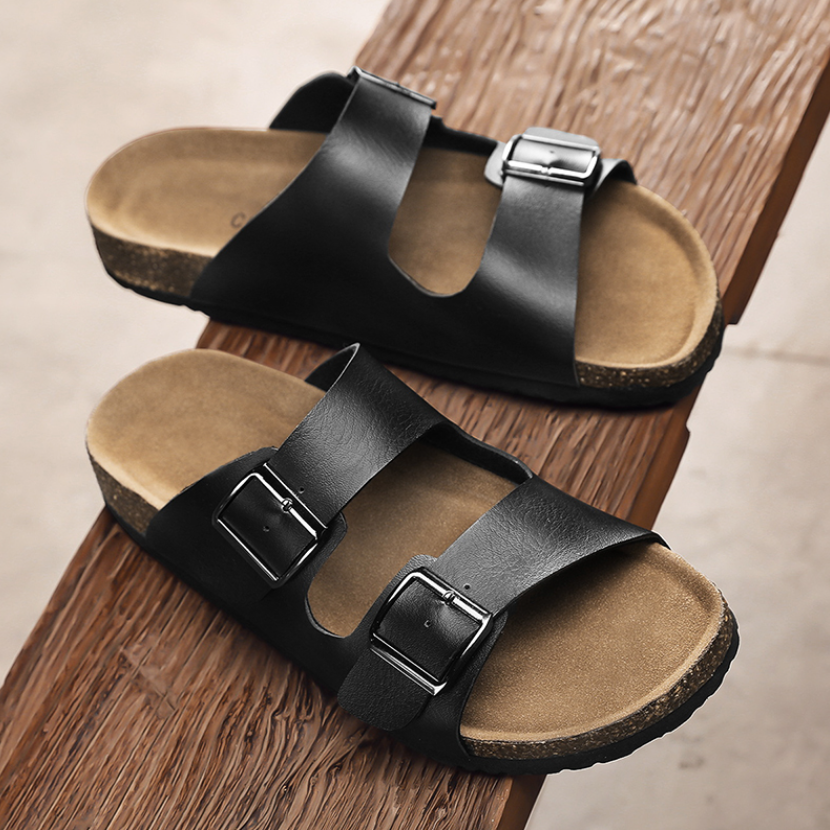 OEM ODM LOGO Custom Slippers Summer Comfortable Eva Cork Slippers Genuine Leather Thick Sole Men Slides Slippers Sandals