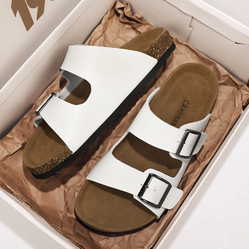 OEM ODM LOGO Custom Slippers Summer Comfortable Eva Cork Slippers Genuine Leather Thick Sole Men Slides Slippers Sandals