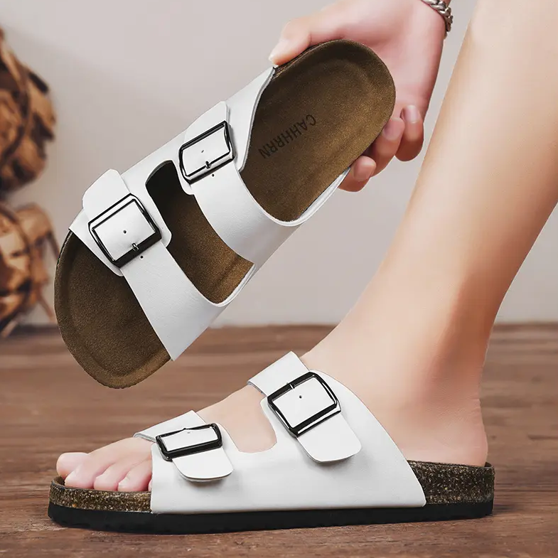 OEM ODM LOGO Custom Slippers Summer Comfortable Eva Cork Slippers Genuine Leather Thick Sole Men Slides Slippers Sandals