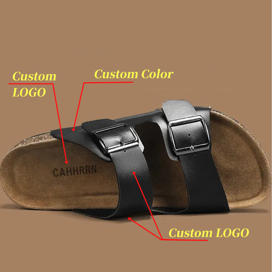 OEM ODM LOGO Custom Slippers Summer Comfortable Eva Cork Slippers Genuine Leather Thick Sole Men Slides Slippers Sandals