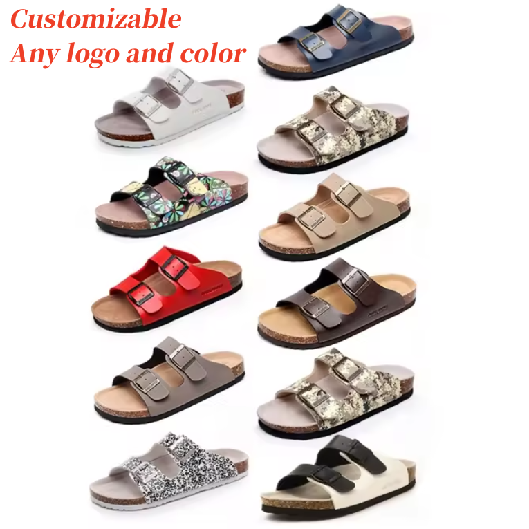 OEM ODM LOGO Custom Slippers Summer Comfortable Eva Cork Slippers Genuine Leather Thick Sole Men Slides Slippers Sandals