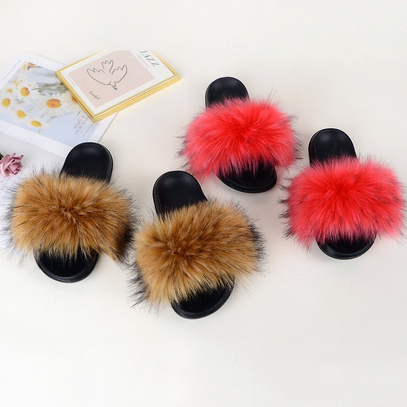 2024 Autumn Winter Fashion Raccoon Women's Fox Faux Fur Slides Slippers Custom Logo Wholesale