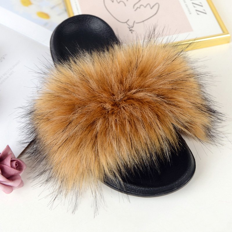 2024 Autumn Winter Fashion Raccoon Women's Fox Faux Fur Slides Slippers Custom Logo Wholesale
