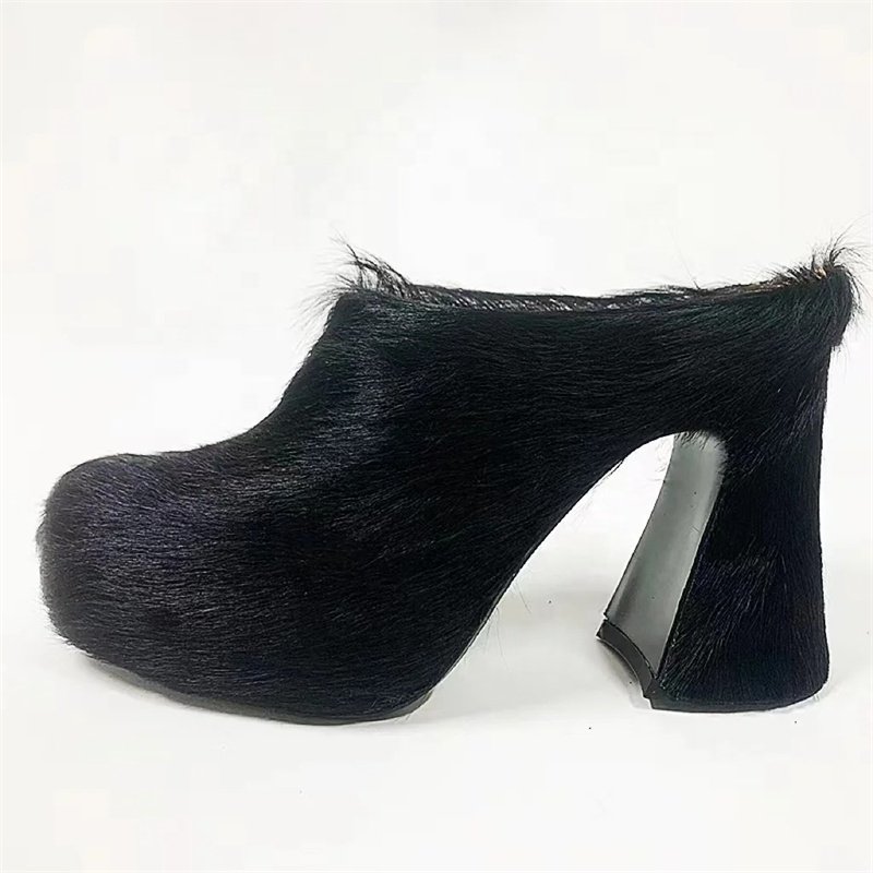 2024 Designer High Heels Horsehair Fashion Casual Shoes Leather Fur Slippers Women Mule Thick Shoes Woman Slipper