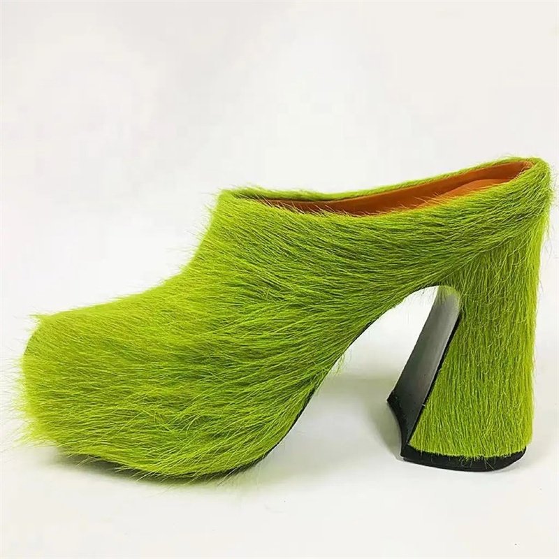 2024 Designer High Heels Horsehair Fashion Casual Shoes Leather Fur Slippers Women Mule Thick Shoes Woman Slipper