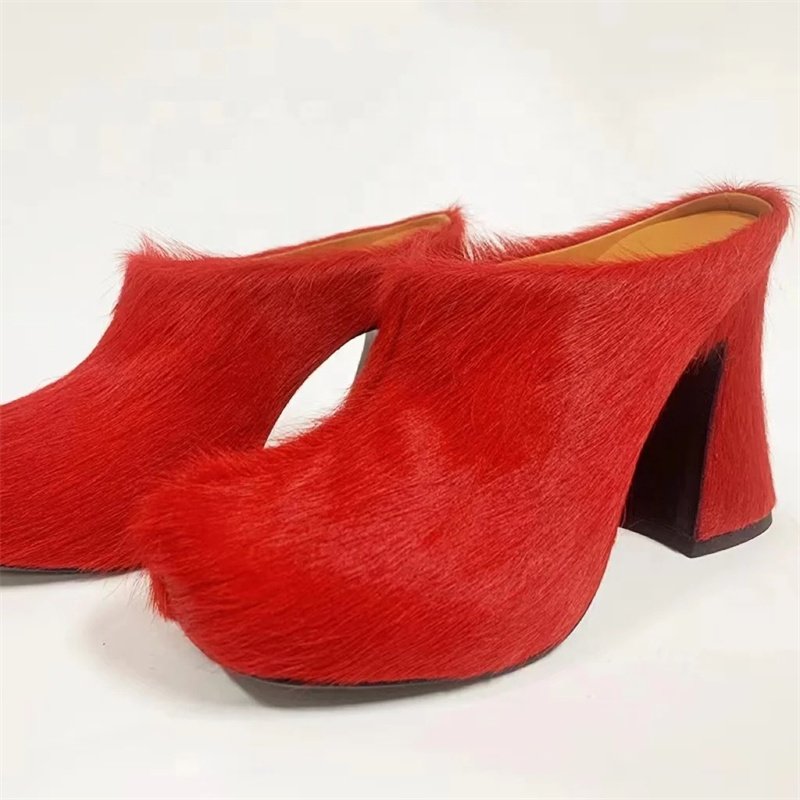2024 Designer High Heels Horsehair Fashion Casual Shoes Leather Fur Slippers Women Mule Thick Shoes Woman Slipper