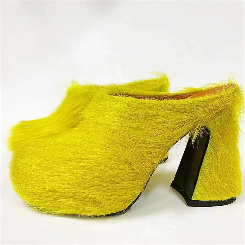2024 Designer High Heels Horsehair Fashion Casual Shoes Leather Fur Slippers Women Mule Thick Shoes Woman Slipper