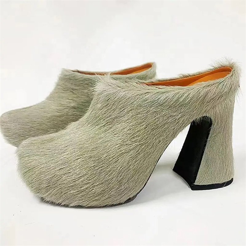 2024 Designer High Heels Horsehair Fashion Casual Shoes Leather Fur Slippers Women Mule Thick Shoes Woman Slipper