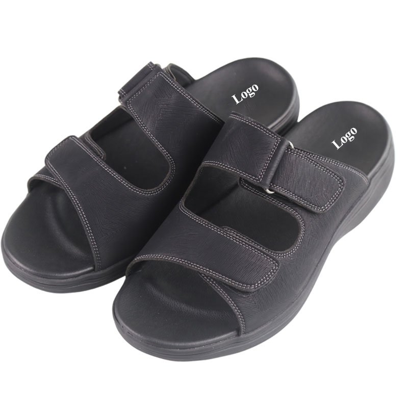 Adjustable Velcro Cowhide Leather Slippers Lightweight Open Toe Outdoor Podiatry Slides for Swollen Feet