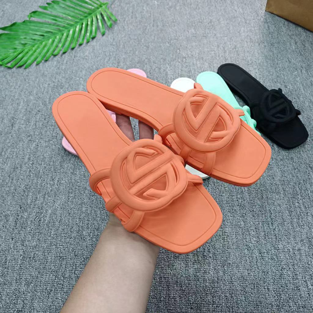designer sandals Women Slides Rubber Jelly Slippers Ladies Flat Beach Jelly Script Orange Summer Fall Mules Outdoor Luxury
