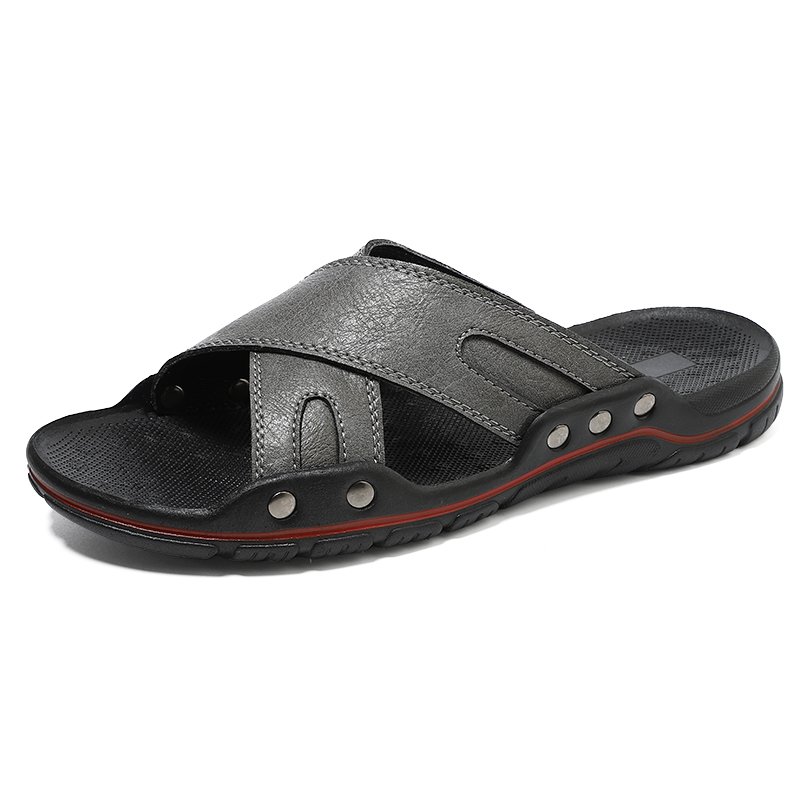 Men's Slides Slippers Outdoor Sandals Beach Shoes Flats Leather Open-toe Sliders Low-top Summer Breathable Casual Light-weight