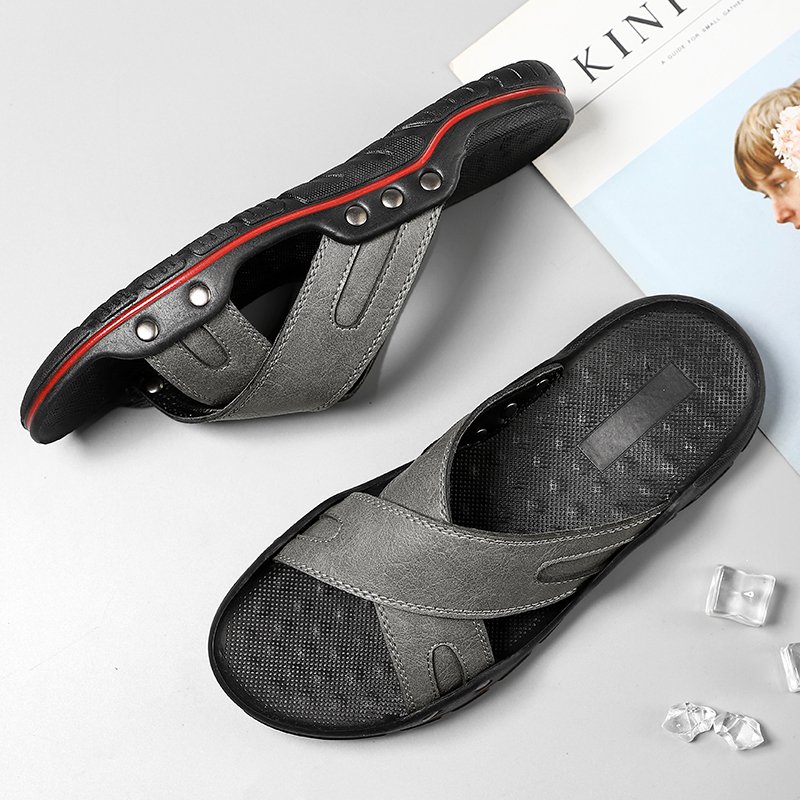 Men's Slides Slippers Outdoor Sandals Beach Shoes Flats Leather Open-toe Sliders Low-top Summer Breathable Casual Light-weight