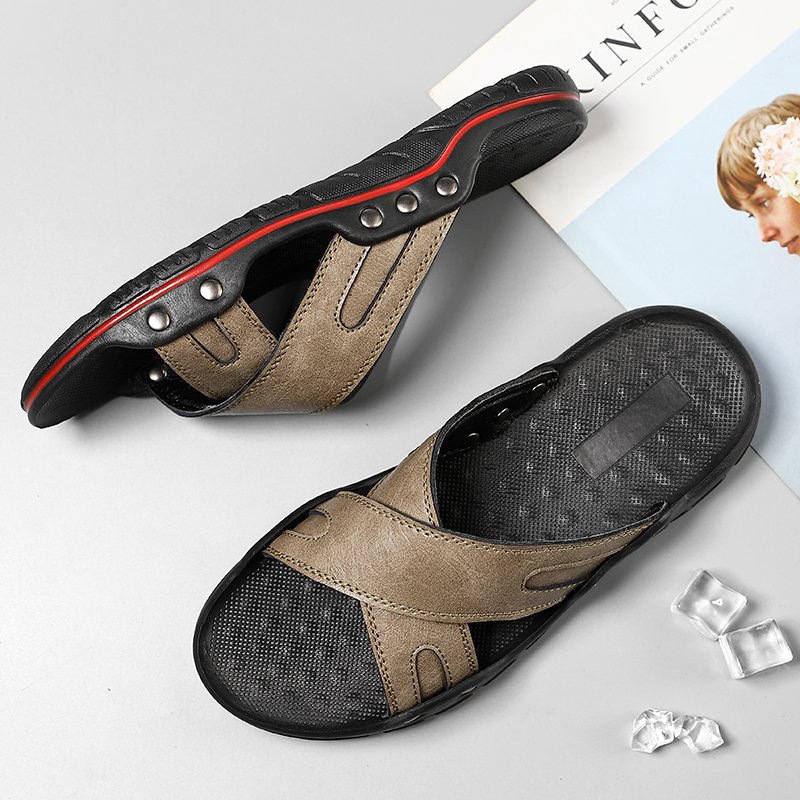 Men's Slides Slippers Outdoor Sandals Beach Shoes Flats Leather Open-toe Sliders Low-top Summer Breathable Casual Light-weight