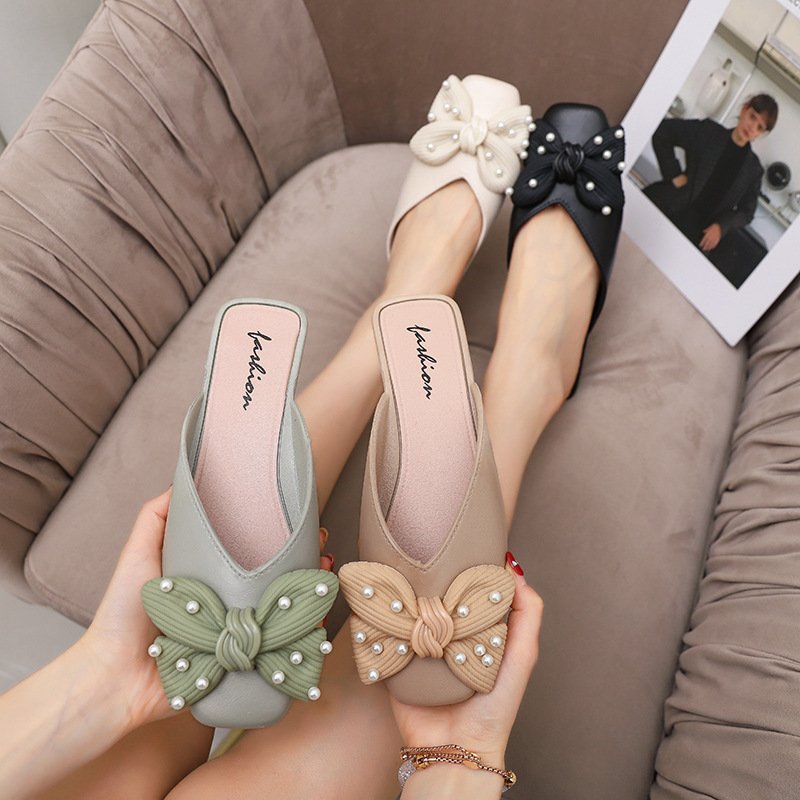 Hot Selling Buckle Closed Toe Half Slippers Bow Decoration Women's Sandals Slip-on Slippers Flat Sandals