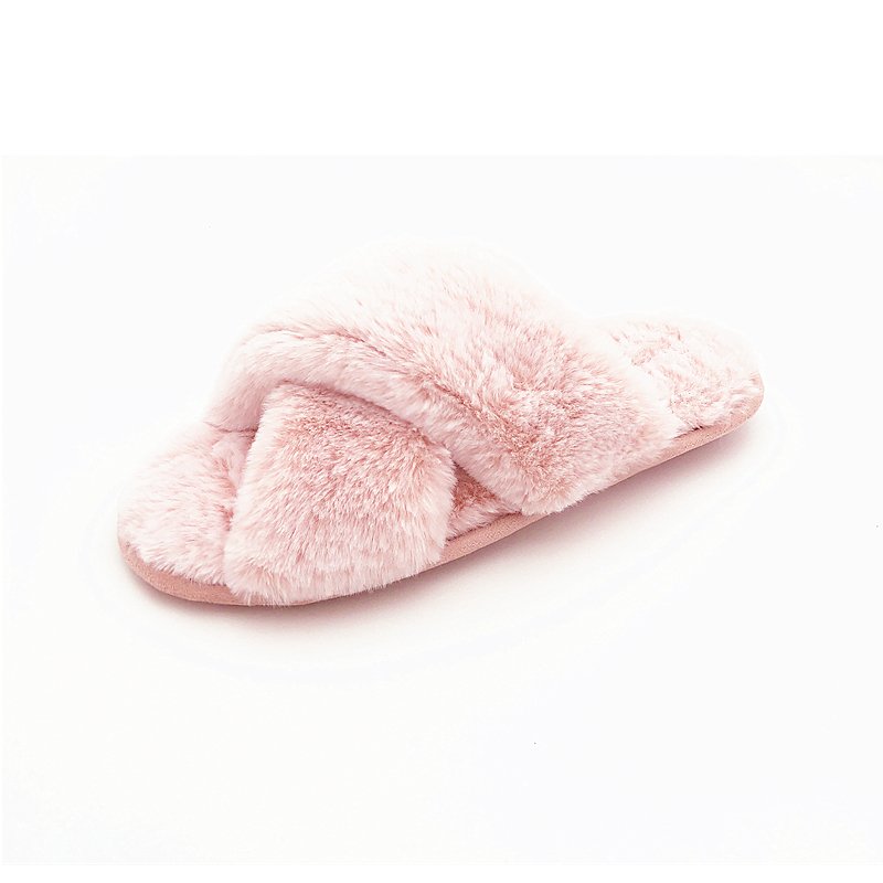 Fashion Faux Fur Pink Fluffy Plush Fuzzy Cross Strap Indoor Home Summer Slippers for Women
