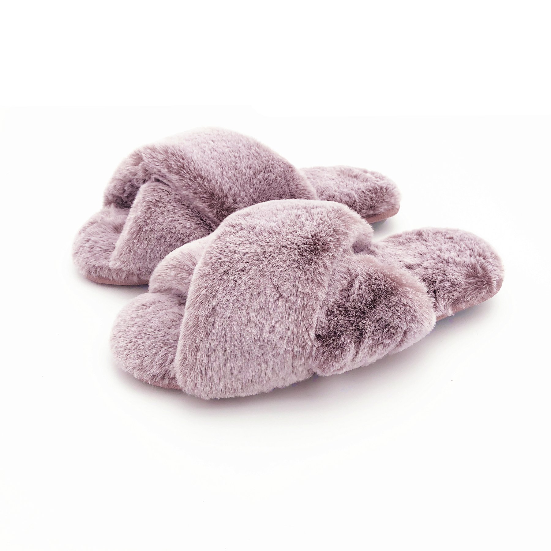 Fashion Faux Fur Pink Fluffy Plush Fuzzy Cross Strap Indoor Home Summer Slippers for Women