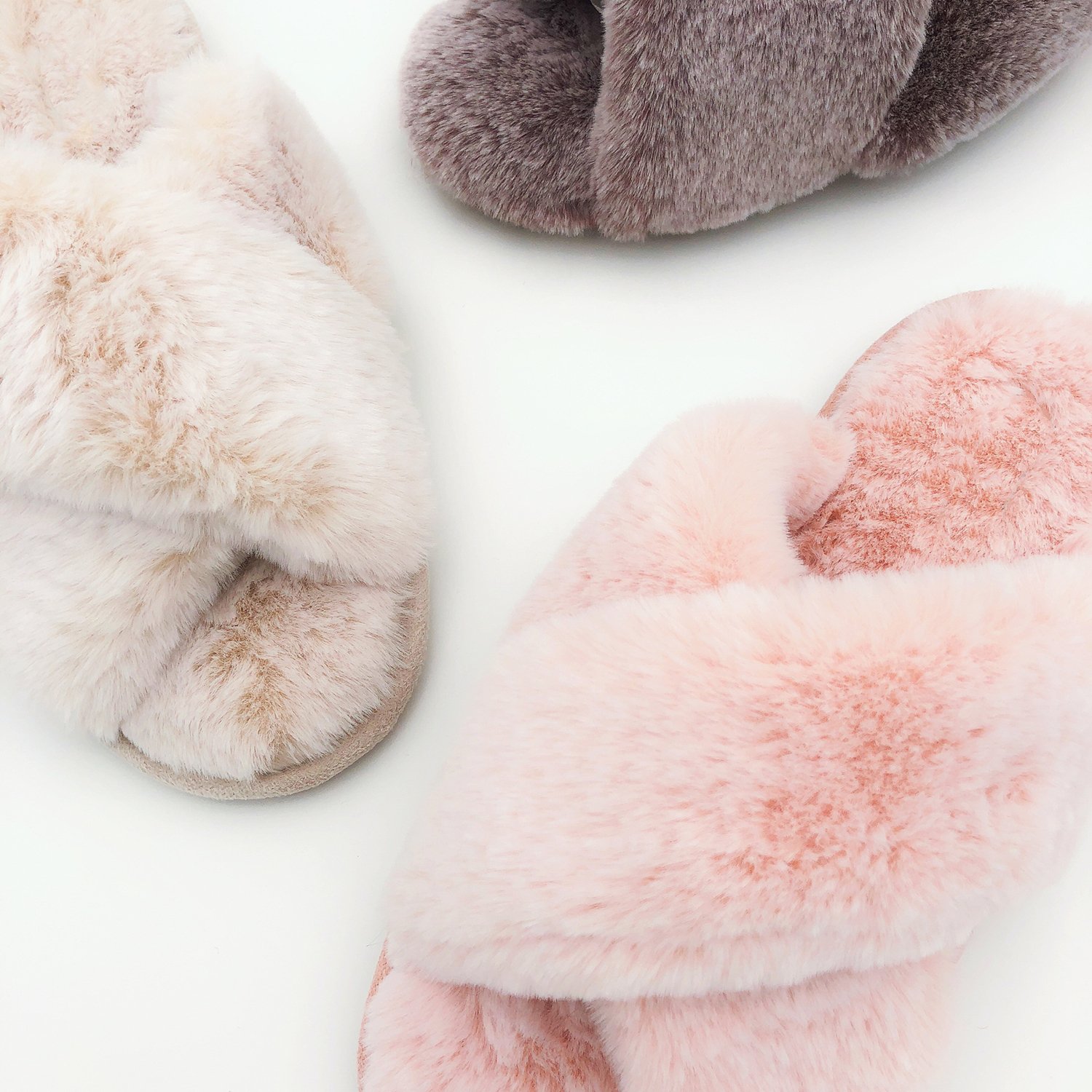 Fashion Faux Fur Pink Fluffy Plush Fuzzy Cross Strap Indoor Home Summer Slippers for Women