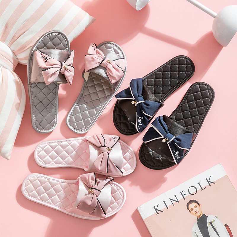 Summer fascion home beach EVA flat pink satin bow slides slippers for women