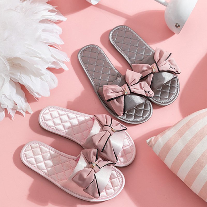 Summer fascion home beach EVA flat pink satin bow slides slippers for women