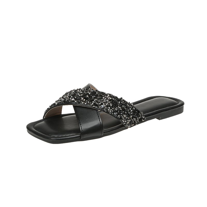 Hot Selling Rhinestone Cross Strap Sandals Lightweight Breathable Imitation Leather Flat Slides Slippers