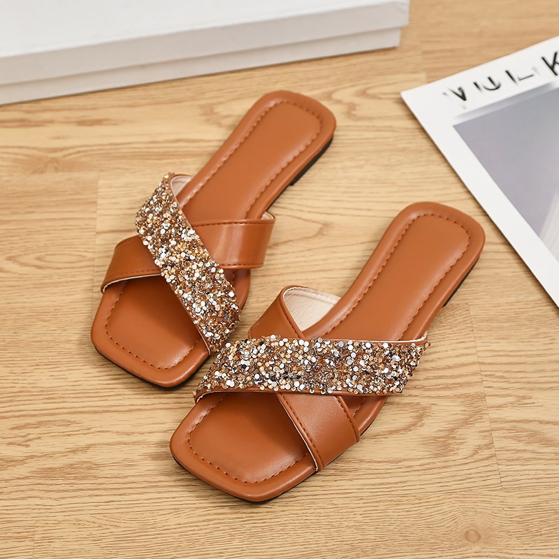 Hot Selling Rhinestone Cross Strap Sandals Lightweight Breathable Imitation Leather Flat Slides Slippers