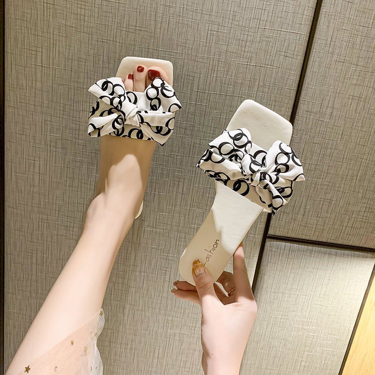 Latest New Design Women's Square Open Toe Slip On Slide Sandals Ladies Comfortable Fashion Cute Bow Summer Flat Sandals