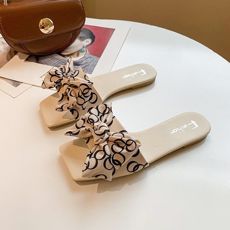 Latest New Design Women's Square Open Toe Slip On Slide Sandals Ladies Comfortable Fashion Cute Bow Summer Flat Sandals