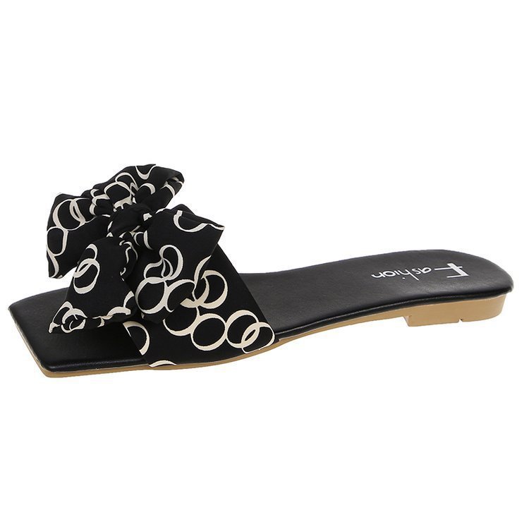 Latest New Design Women's Square Open Toe Slip On Slide Sandals Ladies Comfortable Fashion Cute Bow Summer Flat Sandals