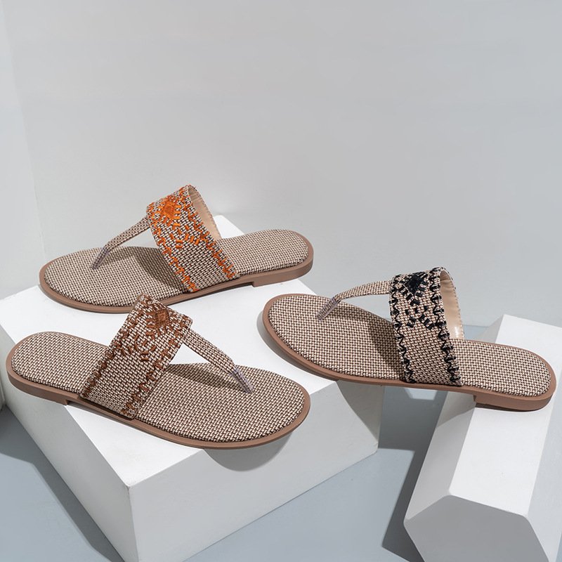 2023 New Style Fashion Flax Embroider Summer Beach Home Women Ladies Slippers Flat BottomSandals Flip Flops flip-flops For Women