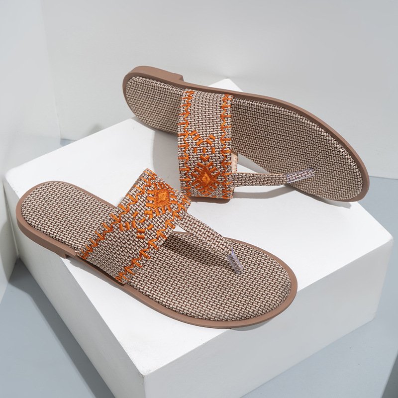 2023 New Style Fashion Flax Embroider Summer Beach Home Women Ladies Slippers Flat BottomSandals Flip Flops flip-flops For Women