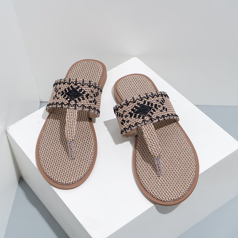 2023 New Style Fashion Flax Embroider Summer Beach Home Women Ladies Slippers Flat BottomSandals Flip Flops flip-flops For Women