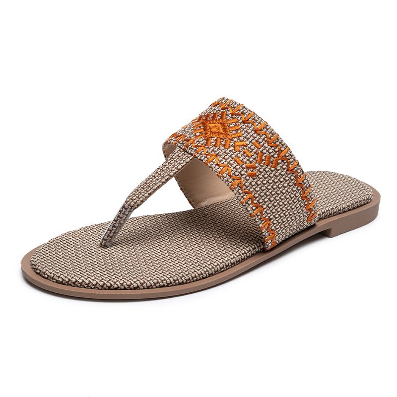 2023 New Style Fashion Flax Embroider Summer Beach Home Women Ladies Slippers Flat BottomSandals Flip Flops flip-flops For Women