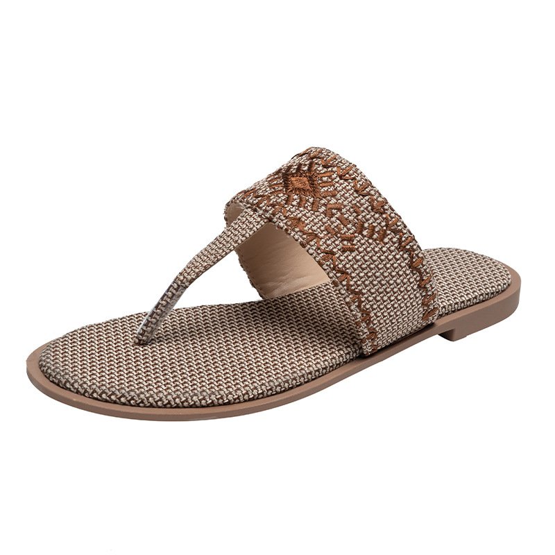 2023 New Style Fashion Flax Embroider Summer Beach Home Women Ladies Slippers Flat BottomSandals Flip Flops flip-flops For Women