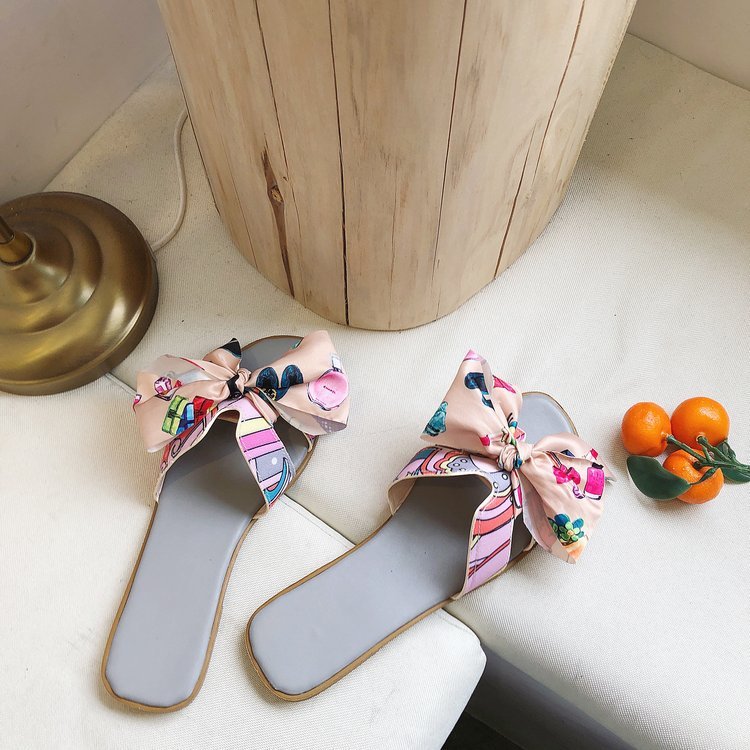 2022 Wholesale Popular Bow Decoration Ladies Slide Sandal Indoor Outdoor Printed Flat Slides Women Slipper