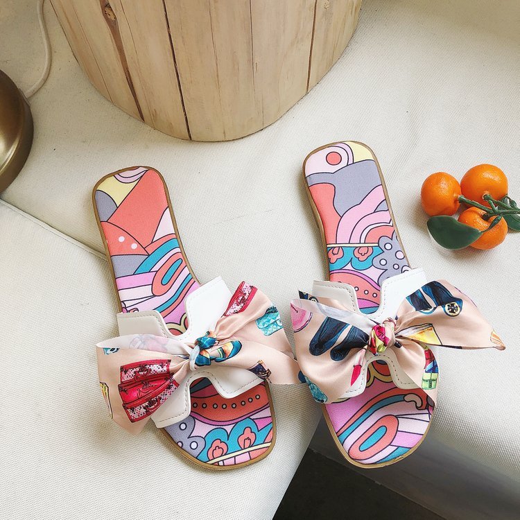 2022 Wholesale Popular Bow Decoration Ladies Slide Sandal Indoor Outdoor Printed Flat Slides Women Slipper