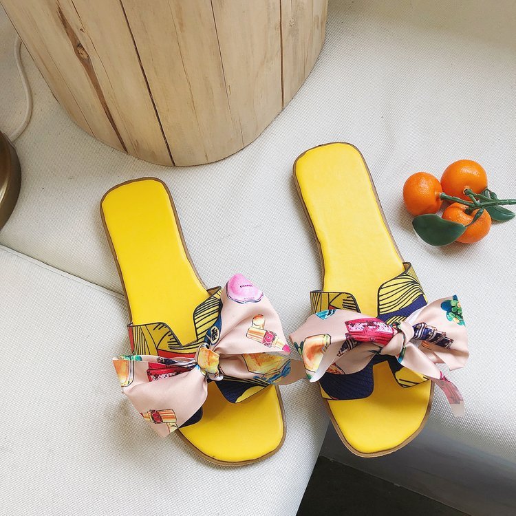 2022 Wholesale Popular Bow Decoration Ladies Slide Sandal Indoor Outdoor Printed Flat Slides Women Slipper