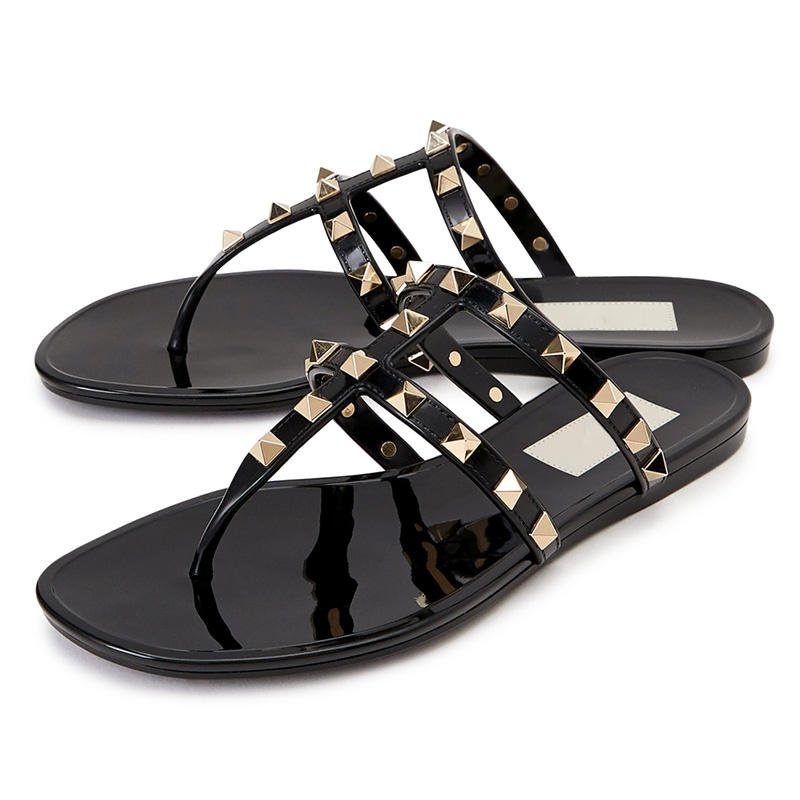 Luxury Ladies Summer Sandals Riveted Two Belt Flat Flip Flop Style Casual Outdoor Jelly Plastic Slipper with PVC Insole