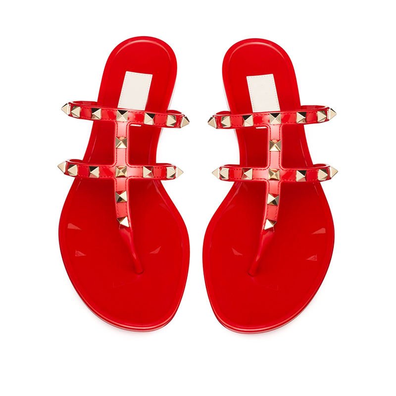 Luxury Ladies Summer Sandals Riveted Two Belt Flat Flip Flop Style Casual Outdoor Jelly Plastic Slipper with PVC Insole