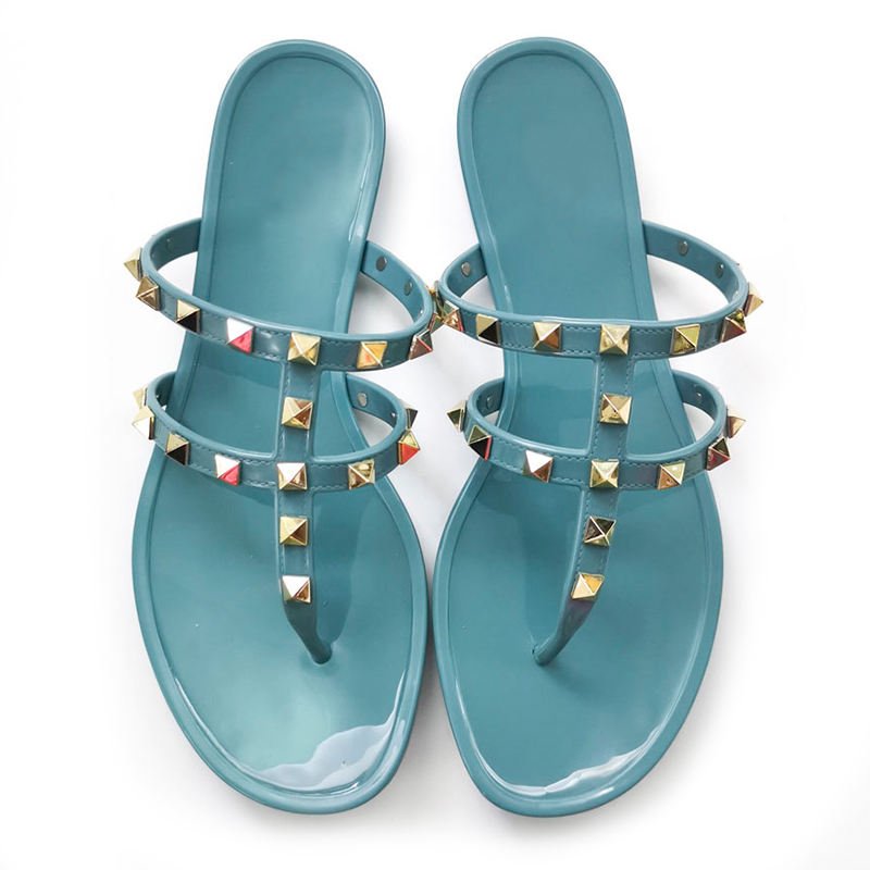Luxury Ladies Summer Sandals Riveted Two Belt Flat Flip Flop Style Casual Outdoor Jelly Plastic Slipper with PVC Insole