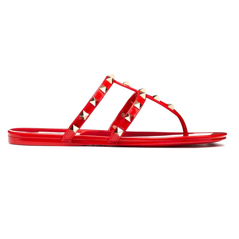 Luxury Ladies Summer Sandals Riveted Two Belt Flat Flip Flop Style Casual Outdoor Jelly Plastic Slipper with PVC Insole