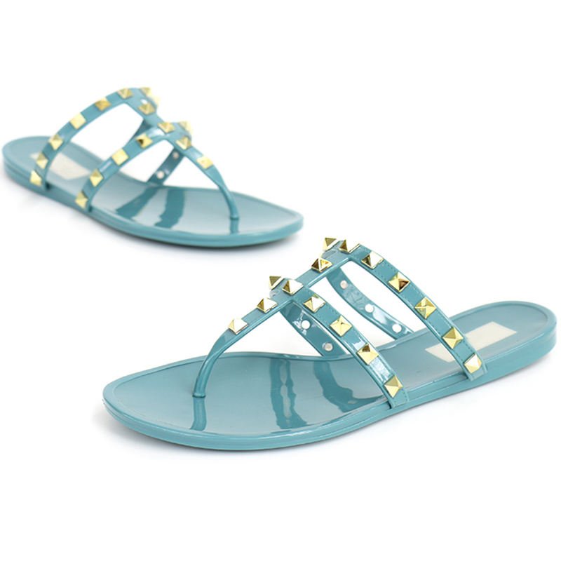 Luxury Ladies Summer Sandals Riveted Two Belt Flat Flip Flop Style Casual Outdoor Jelly Plastic Slipper with PVC Insole
