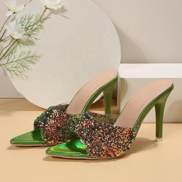 2024 Summer New Fashion Elegant Sequin Green Stiletto Sandals Pointed Toe Thin High Heels Women Slippers
