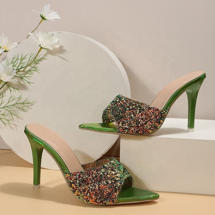 2024 Summer New Fashion Elegant Sequin Green Stiletto Sandals Pointed Toe Thin High Heels Women Slippers